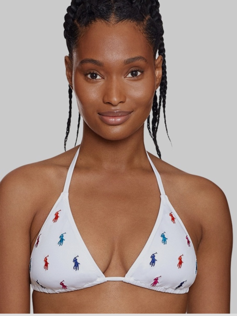 Rare! Ralph Lauren White Triangle Bikini Top Multicolor Pony Embroidery large